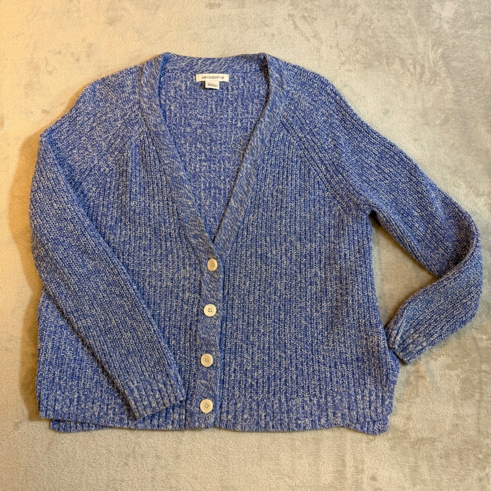 Liz Claiborne Blue Marled Shaker Knit Cardigan Sweater Womens Large V-Neck